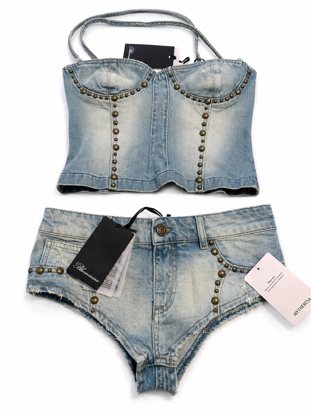 Blumarine NWT Studded Denim Corset Top & Shorts Set Y2K Western Festival